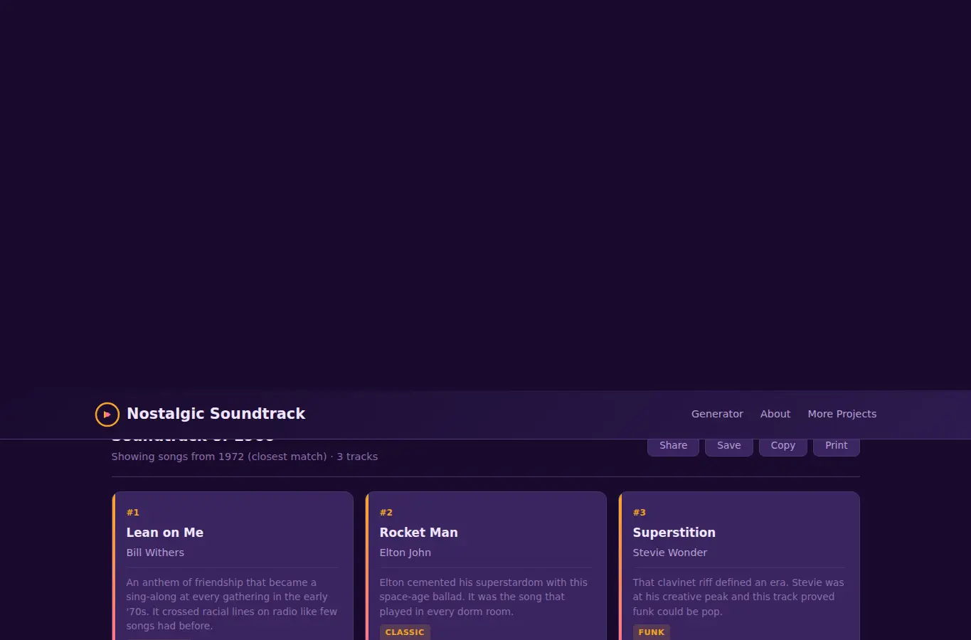 Screenshot of Nostalgic Soundtrack Generator interface showing the project page in use
